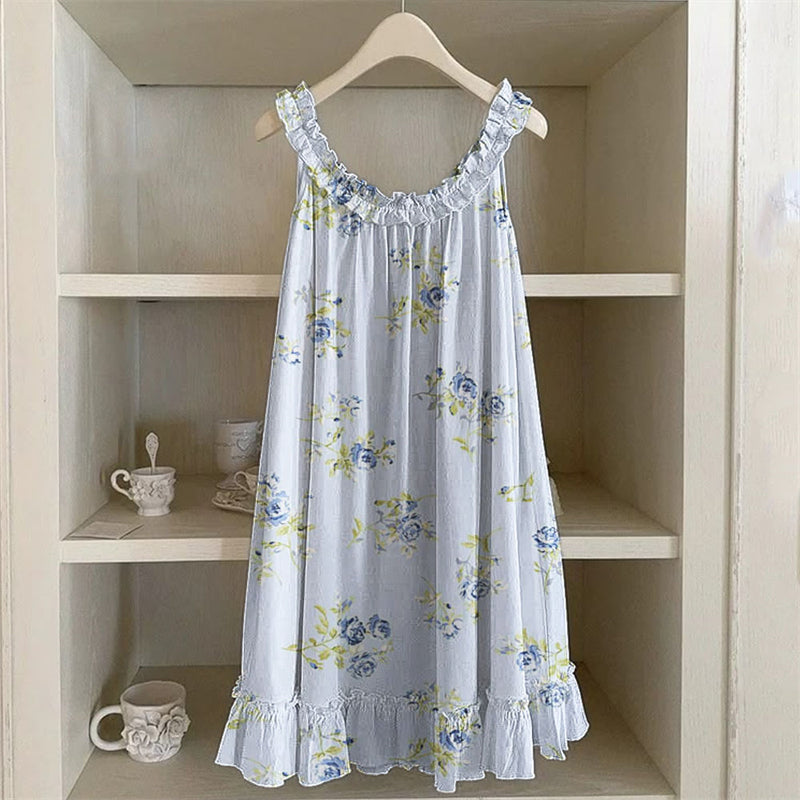 Vintage Roses Floral Ruffle Trim Linen Dress artswardrobe