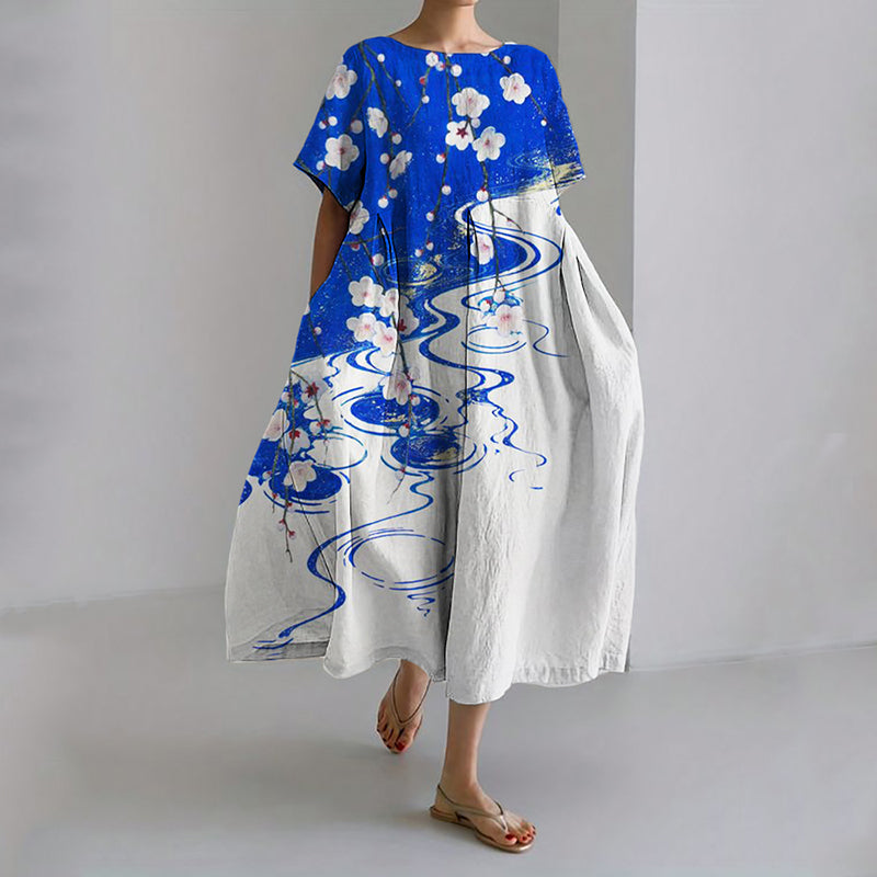 Comstylish Japanese Cherry Blossom Ripples Contrast Linen Maxi Dress