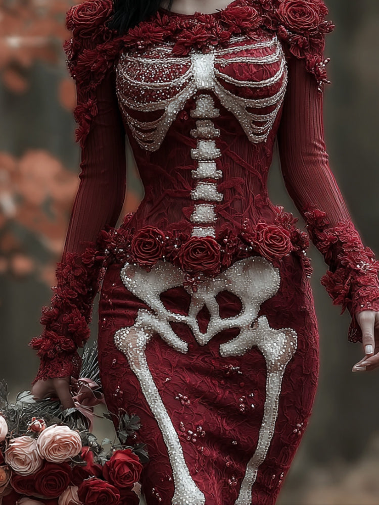 Women's Halloween Skeleton Flower Knitted Lace Dress artswardrobe