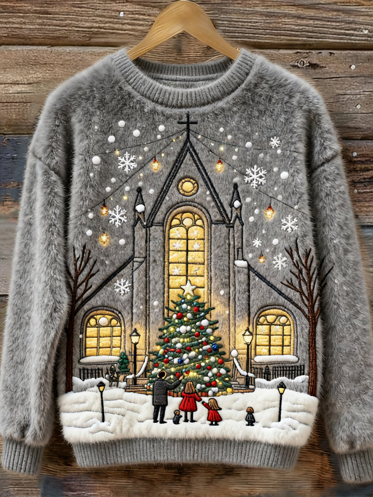 Comstylish Christmas Church Embroidery Women's Cozy Plush Sweater