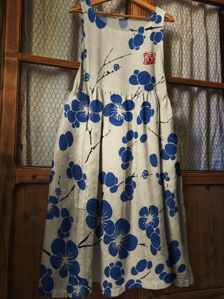 Cherry Blossom Japanese Lino Art Linen Blend Pinafore Dress