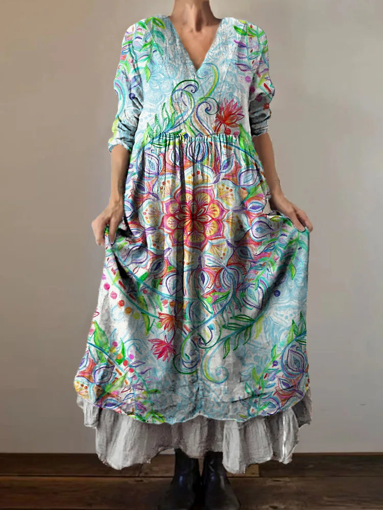 Women's Floral Art Print V-Neck Pocket Cotton Dress