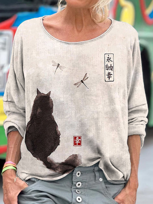 Women's Japanese Art Cat Print Long Sleeve T-shirt elevenforest