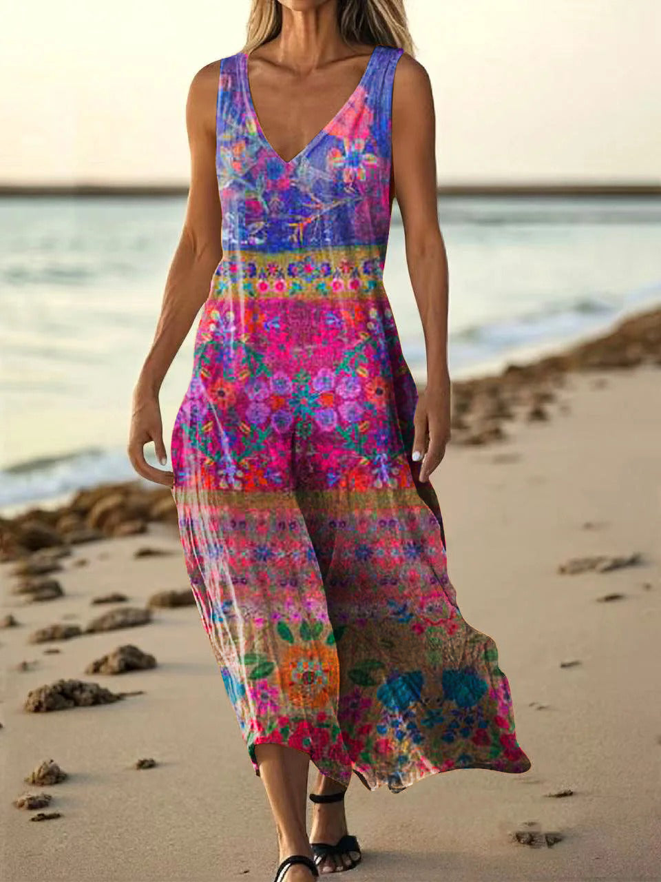 Women's Floral Art Print Pocket Cotton Dresses