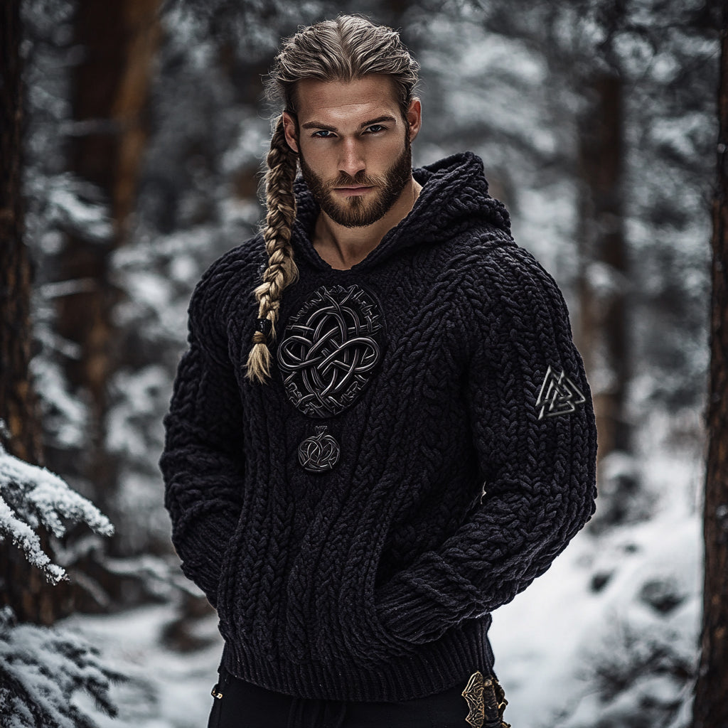 Men's Viking Tribal Jacquard Celtic Inspired Chunky Knit Hooded Sweater artswardrobe