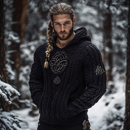 Men's Viking Tribal Jacquard Celtic Inspired Chunky Knit Hooded Sweater artswardrobe
