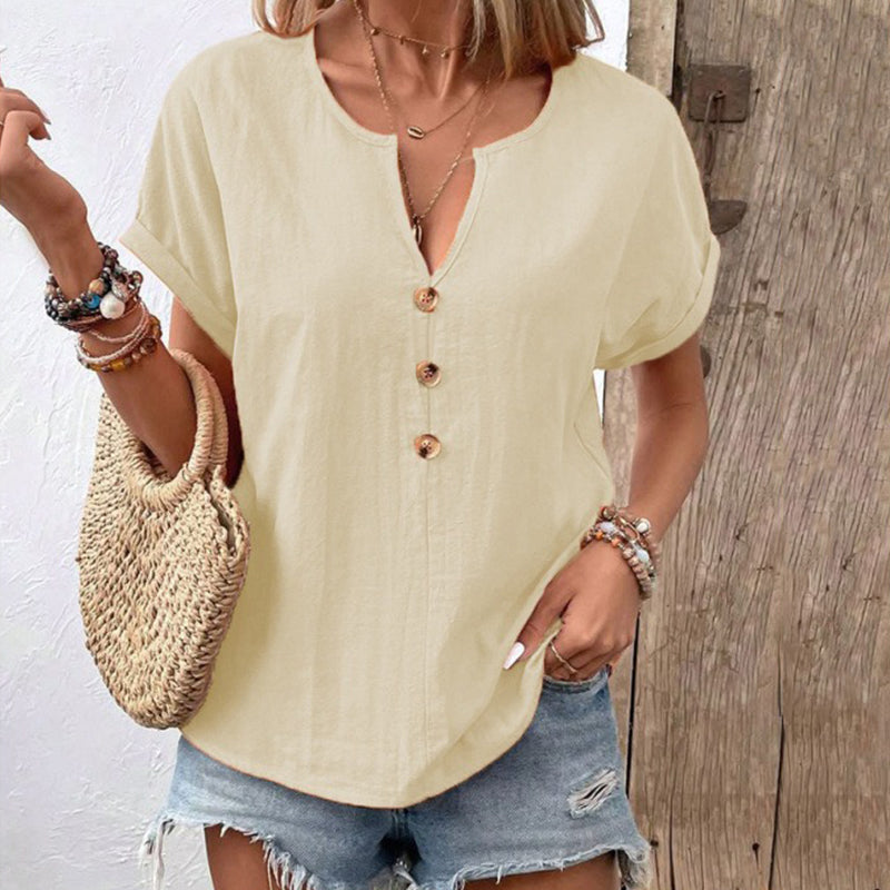 Women's Solid Color Button Linen V-neck T-shirt artswardrobe