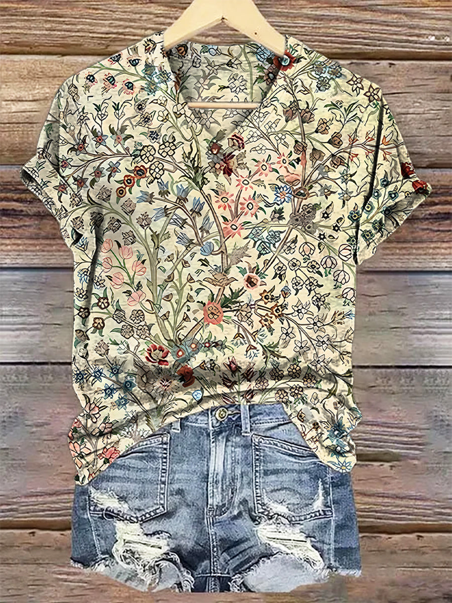 Women's Vintage Floral Art Print V-neck Casual T-Shirt