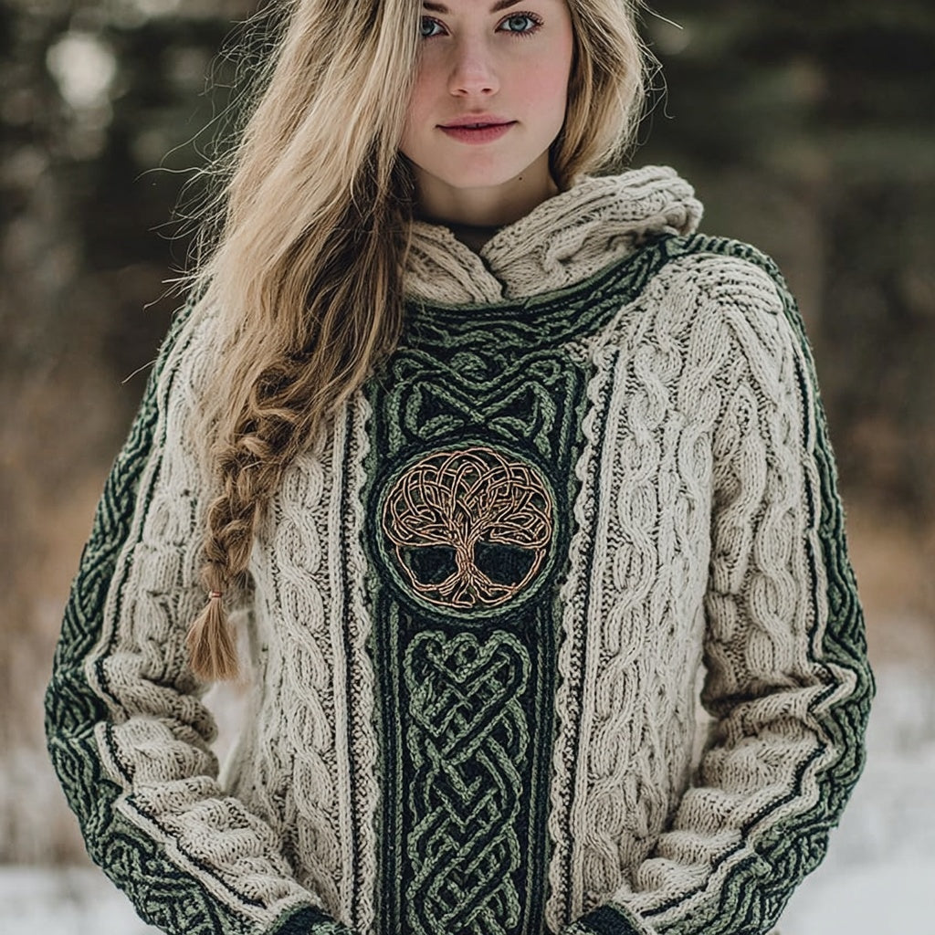 Vintage Tree Of Life Viking Inspired Comfy Knit Hooded Sweater artswardrobe