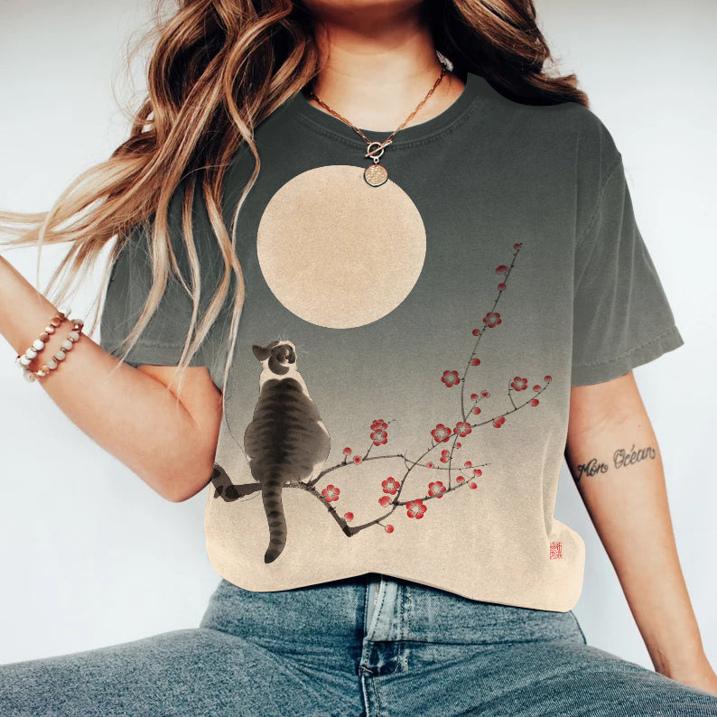 Cat Print Round Neck Short Sleeve T-Shirt elevenforest