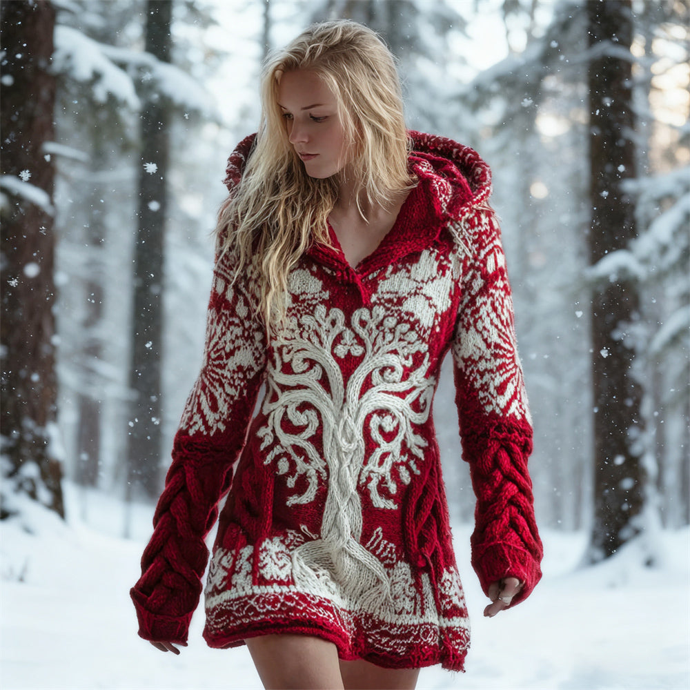 Christmas Viking Celtic Tree Women's Knit Hooded Mini Dress artswardrobe