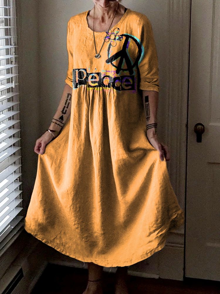 Women's Love Peace Hippie Pattern Art Print Pocket Cotton Dresses