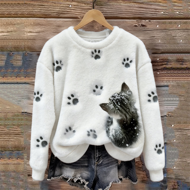 Comstylish Lovely Kitten & Paw Prints In The Snow Cozy Plush Sweatshirt