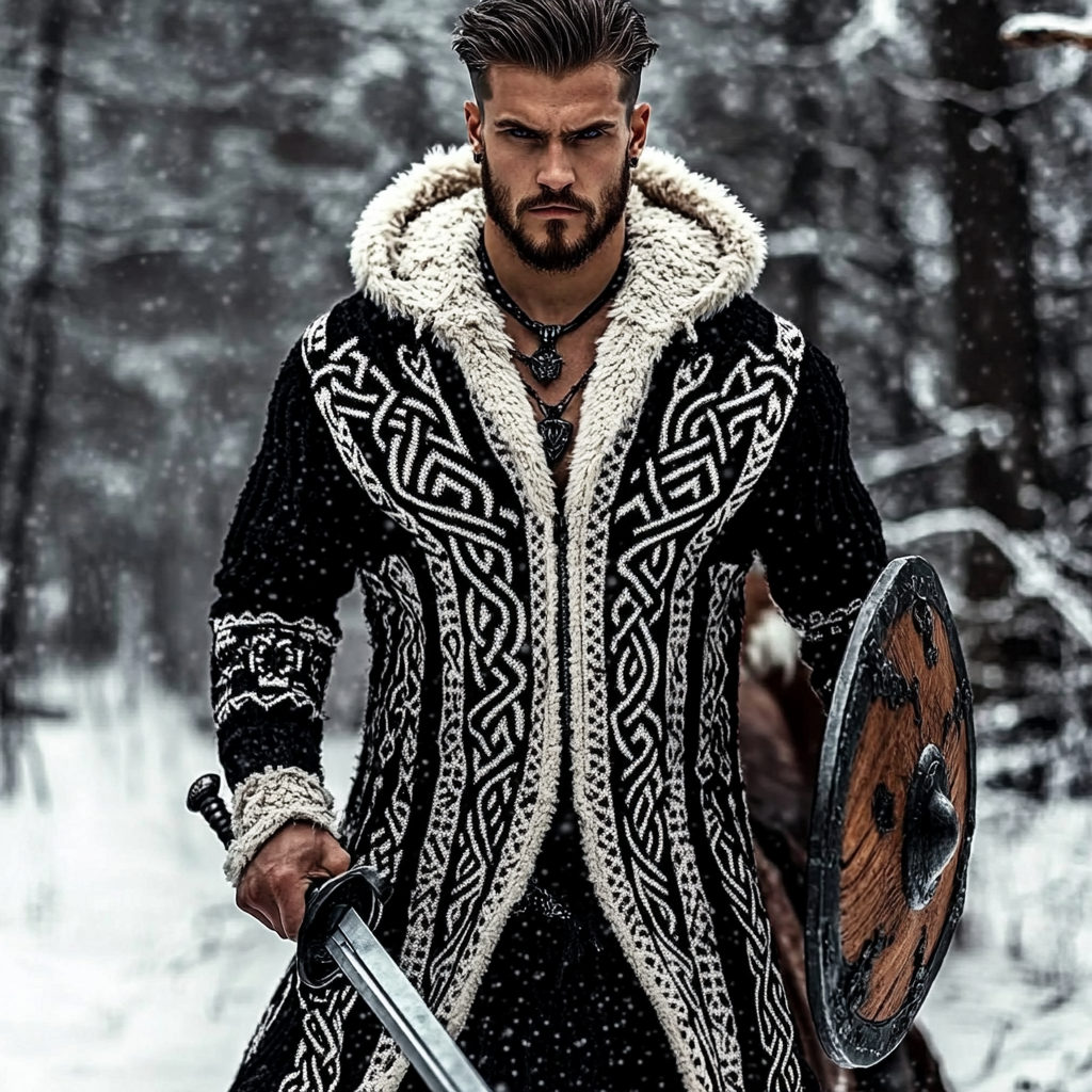 Men's Viking Tribal Pattern Jacquard Celtic Cozy Cardigan Sweater artswardrobe