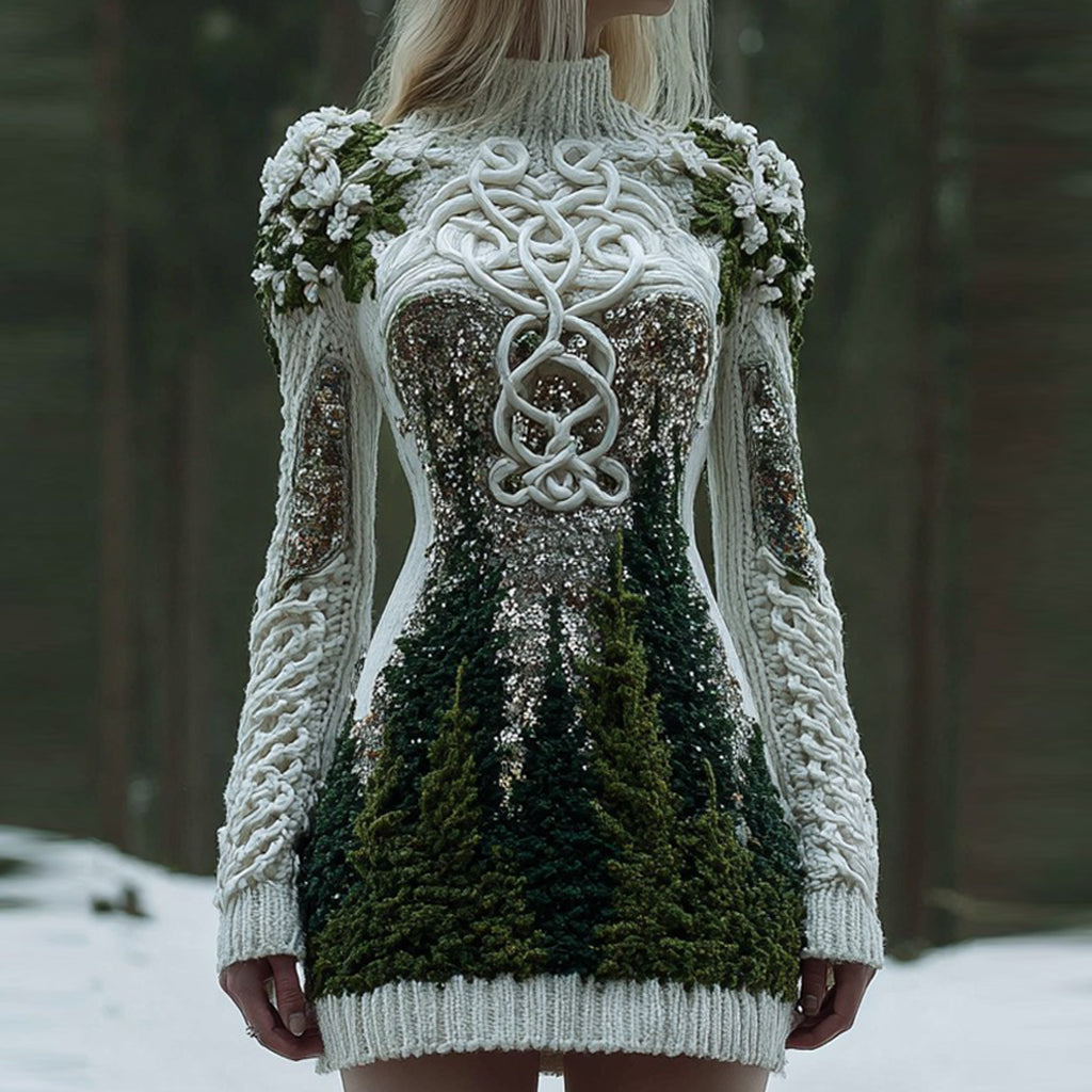 Women's Christmas Tree Forest And Floral Celtic Knot Sequins Knit Turtleneck Mini Sweater Dress artswardrobe