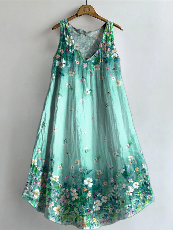 Women's Floral Art Print V-Neck Pocket Cotton Dress