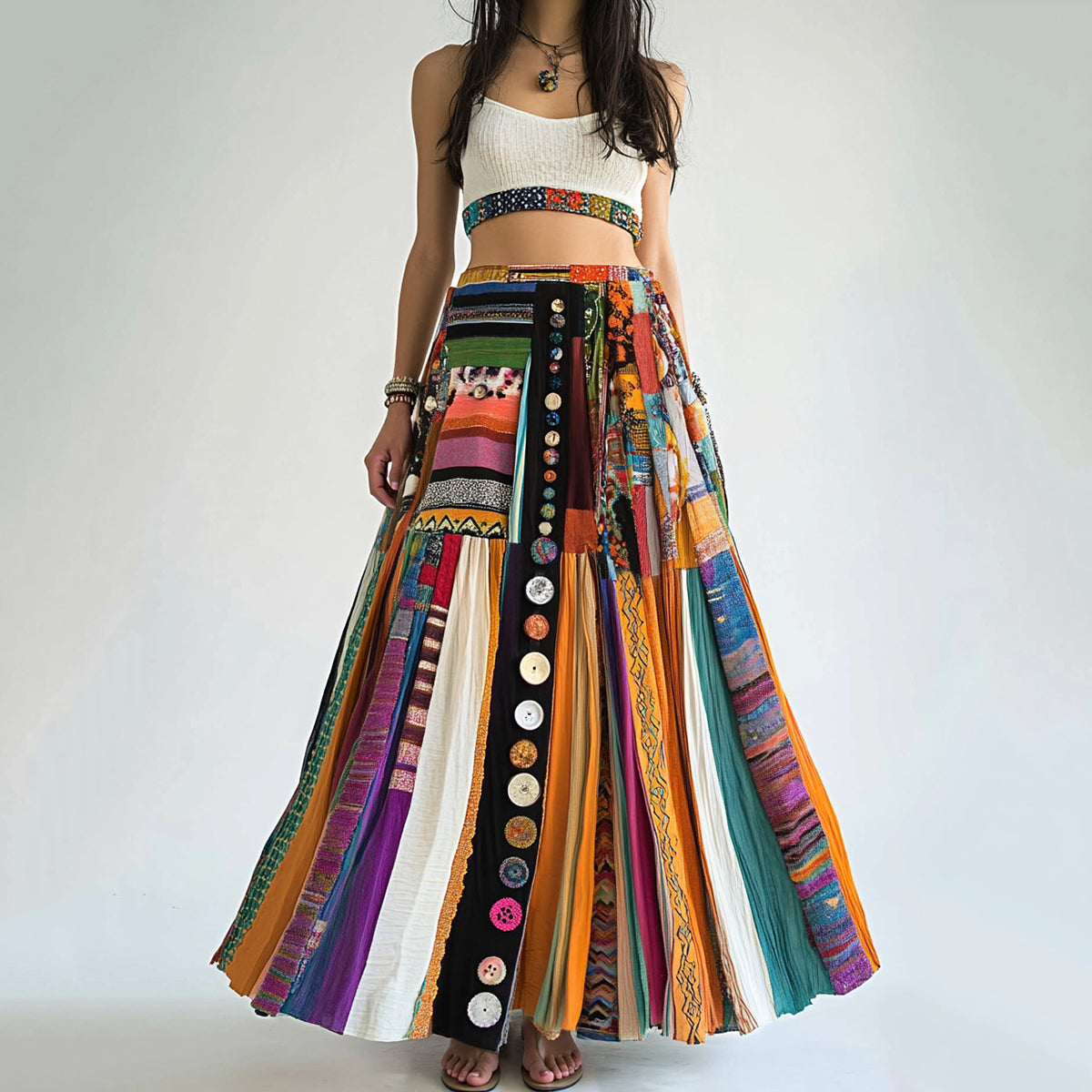 Bohemian Colorful Geometric Art Art Linen Blend Skirt artswardrobe