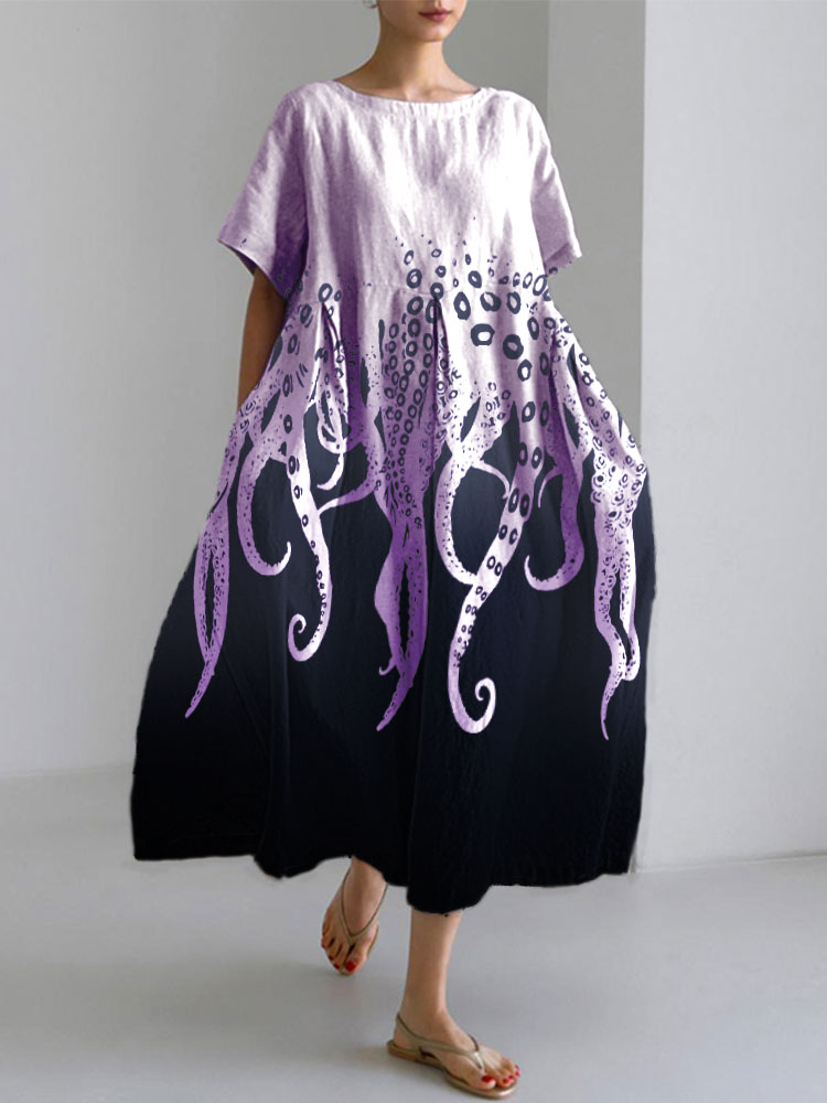 Comstylish Women's Casual Japanese Art Ocean Octopus Print Dress