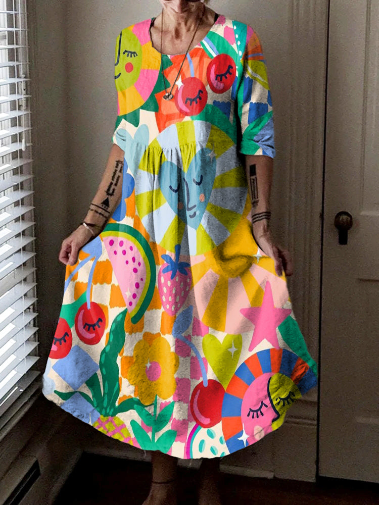 Women's Bohemian Hippie Colorful Collage Art Print Long Sleeve Pocket