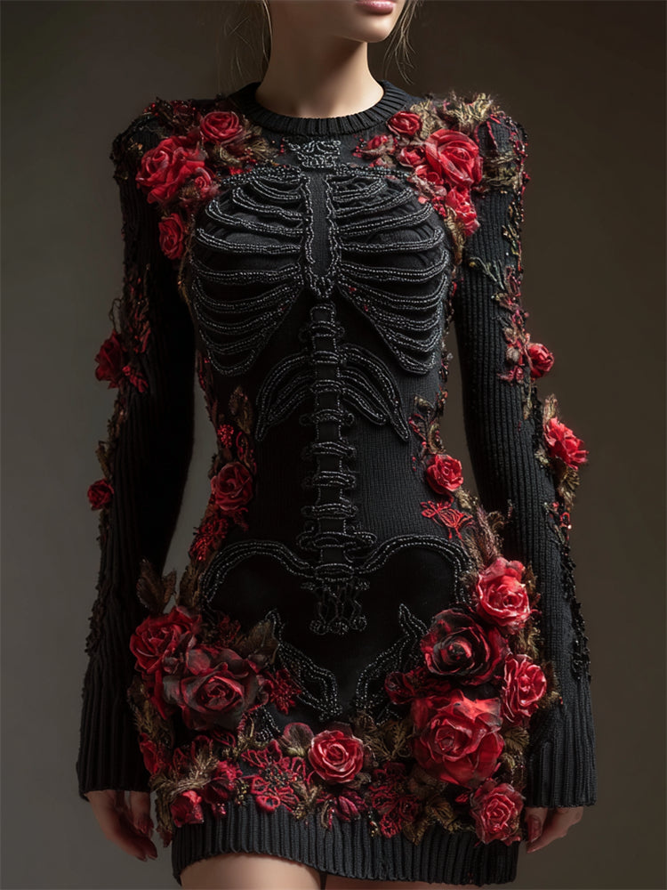 Comstylish Dark Skeleton Anatomy Bloody Roses Beaded Sweater Dress