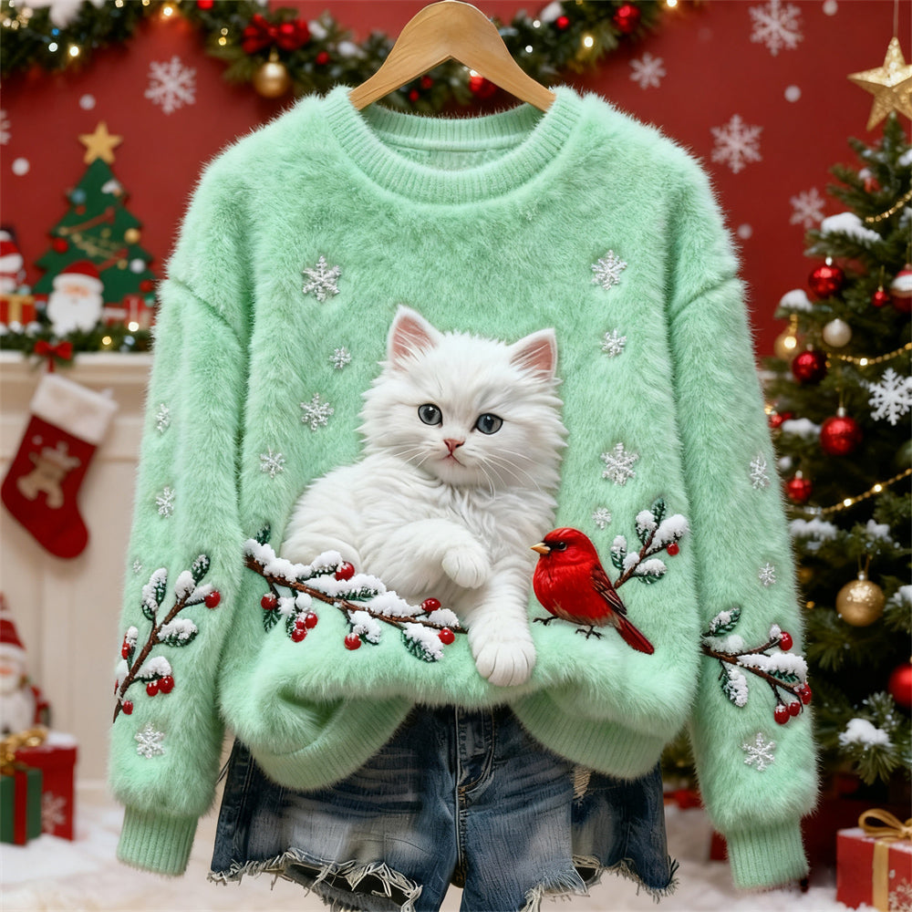 Comstylish Christmas Cat & Bird Art Women's Flannel Sweater