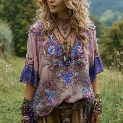 Women's Vintage Floral Embroidery Art V Neck Linen T-shirt artswardrobe