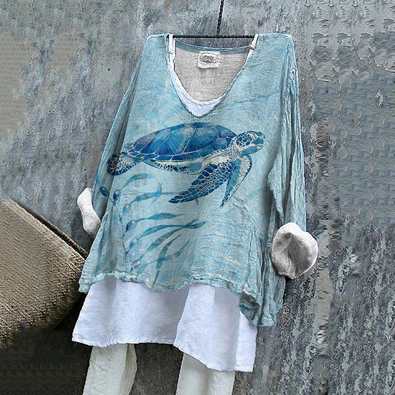 Comstylish Vintage Ocean Turtle Art Print V-neck Shirt