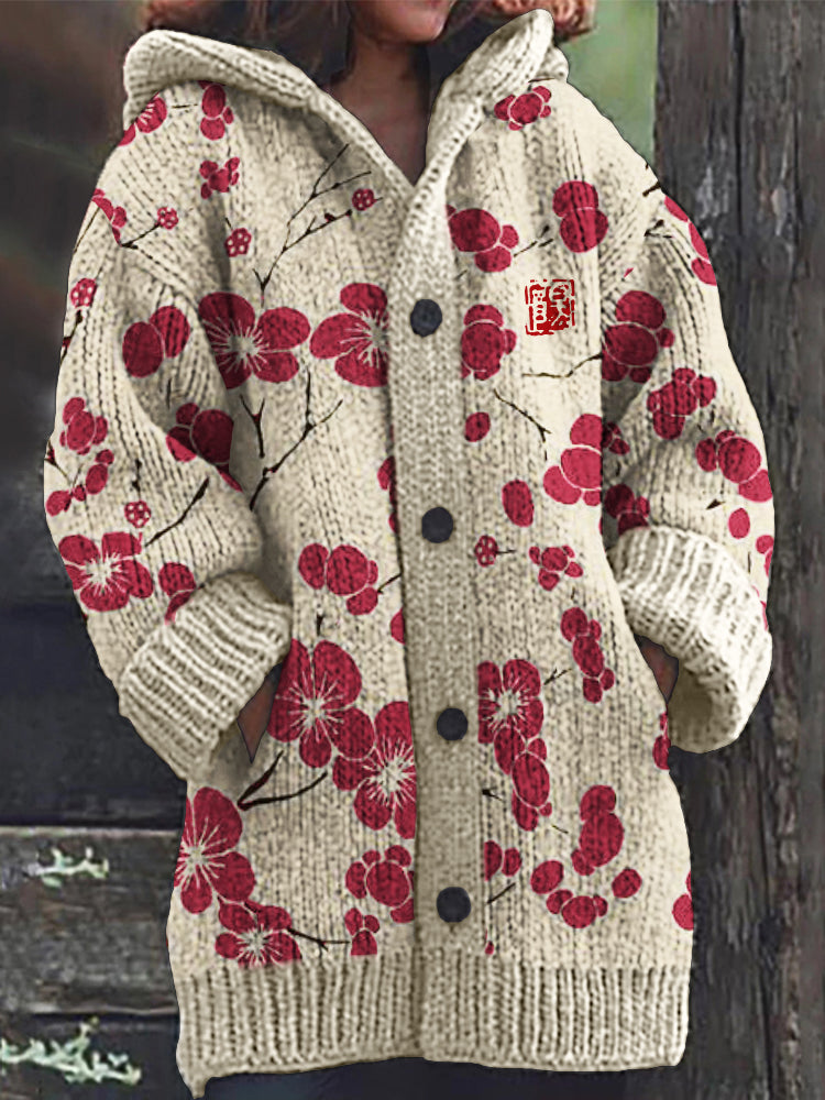 Comstylish Cherry Blossom Japanese Lino Pattern Cozy Hooded Cardigan