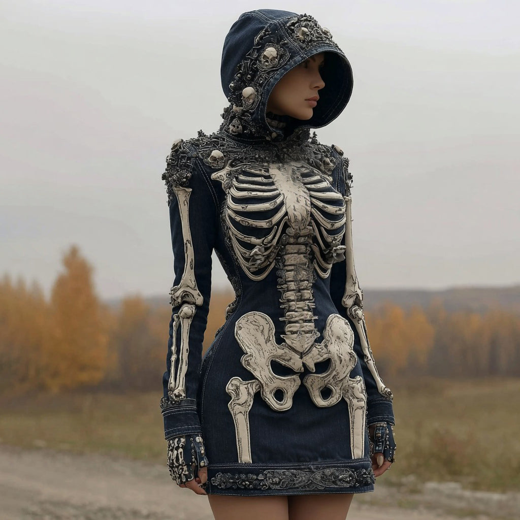 Comstylish Women's Halloween Skull Art Comfortable Denim Mini Skirt