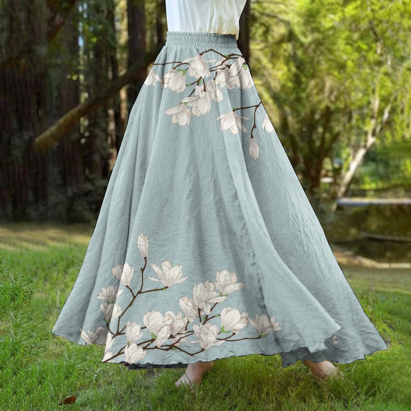 Comstylish Magnolia Flower Japanese Art A-Hem Skirt