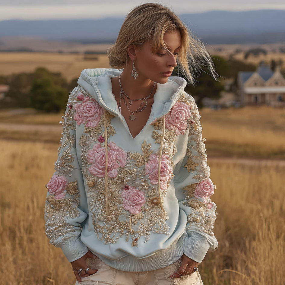 Comstylish Bohemian Style Plant And Flower Embroidery Pattern Women's Hooded Sweatshirt