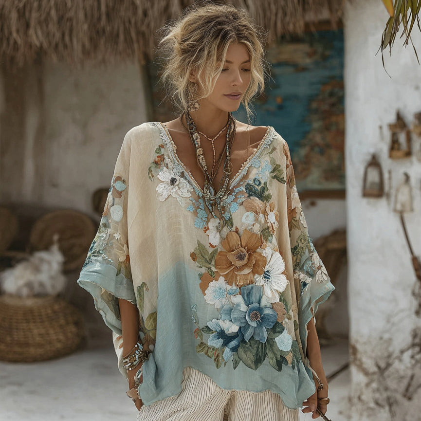 Comstylish Vintage Floral Embroidered Art Linen Long Sleeve Shirt