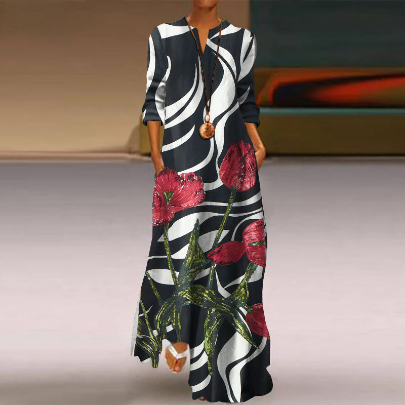 Comstylish V-Neck Red Flower Striped Dress