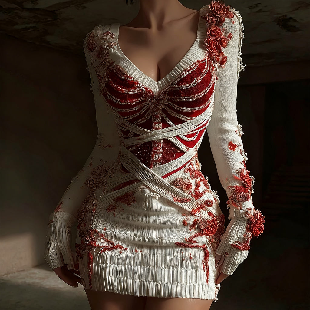 Women's Skull Floral Sequined Pattern Knit V-neck Dress artswardrobe