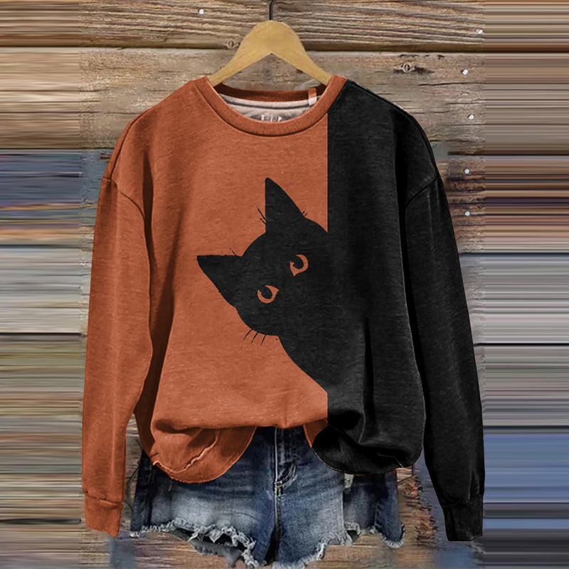 Women's Peek-A-Boo Hiding Black Cat Printed Sweatshirt elevenforest