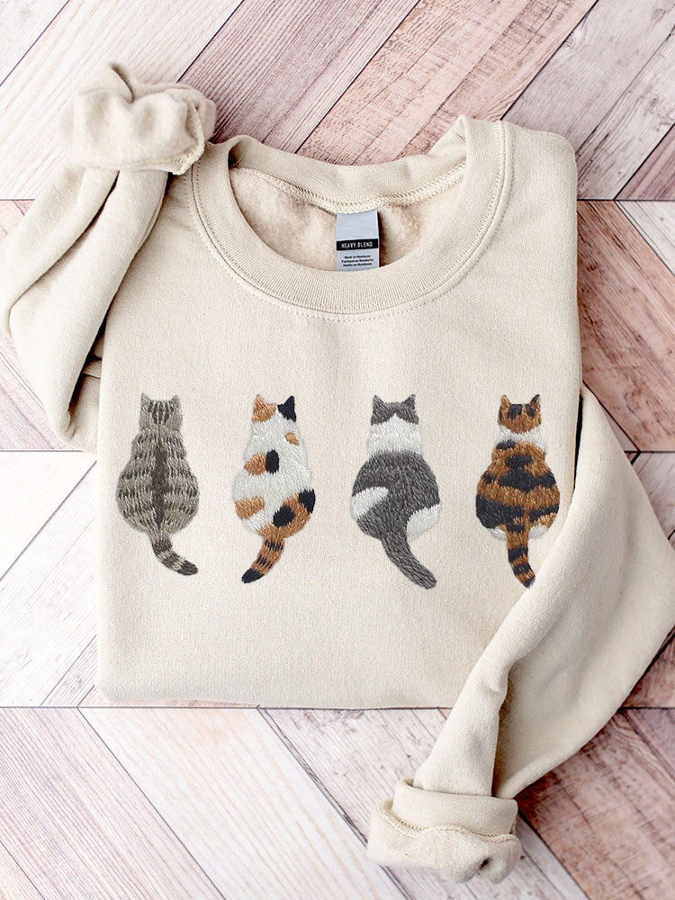 Comstylish Cute Cats Embroidery Pattern Casual Cozy Sweatshirt