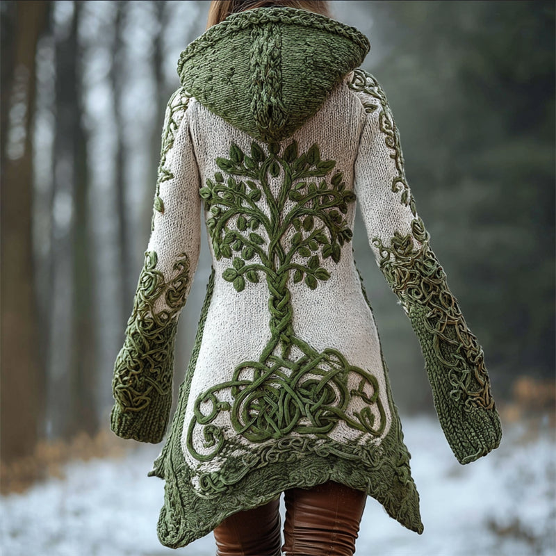 Vintage Viking Tree Of Life Celtic Contrast Cozy Hooded Cardigan artswardrobe