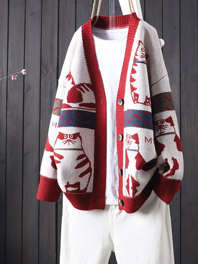 Cute Cat Pattern Loose Fit Comfy Knit Cardigan elevenforest