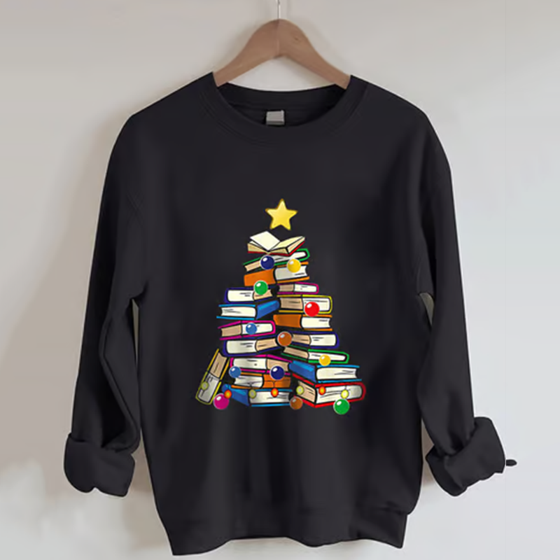 Comstylish Women's Christmas Book Tree Print Casual Sweatshirt