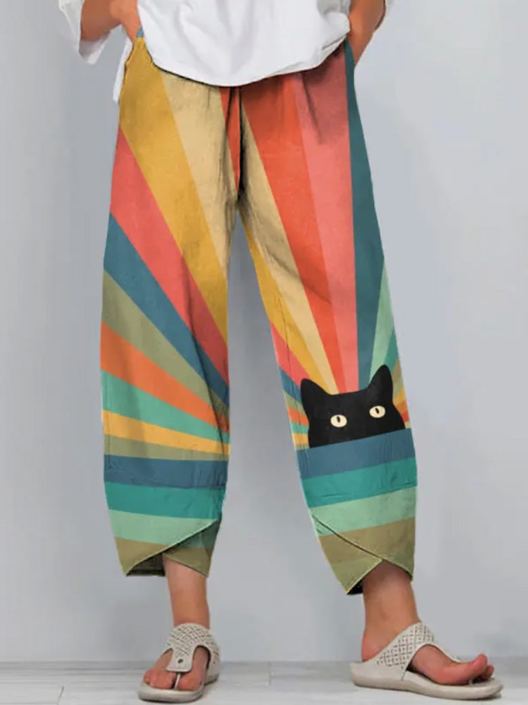 Comstylish Japanese Art Rainbow Cat Print Pants