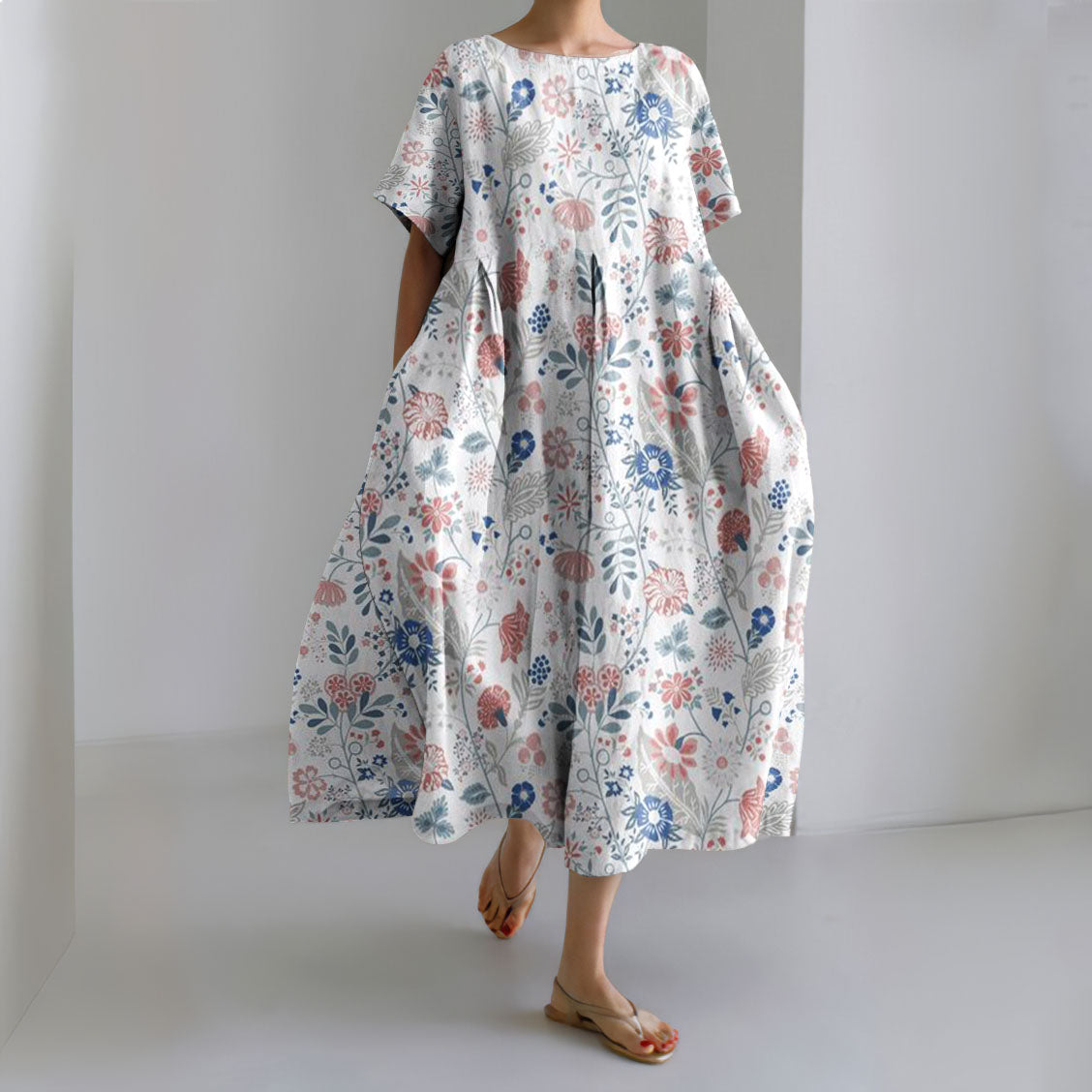 Comstylish Women's Pastoral Floral Art Print Casual Cotton Linen Midi Dress