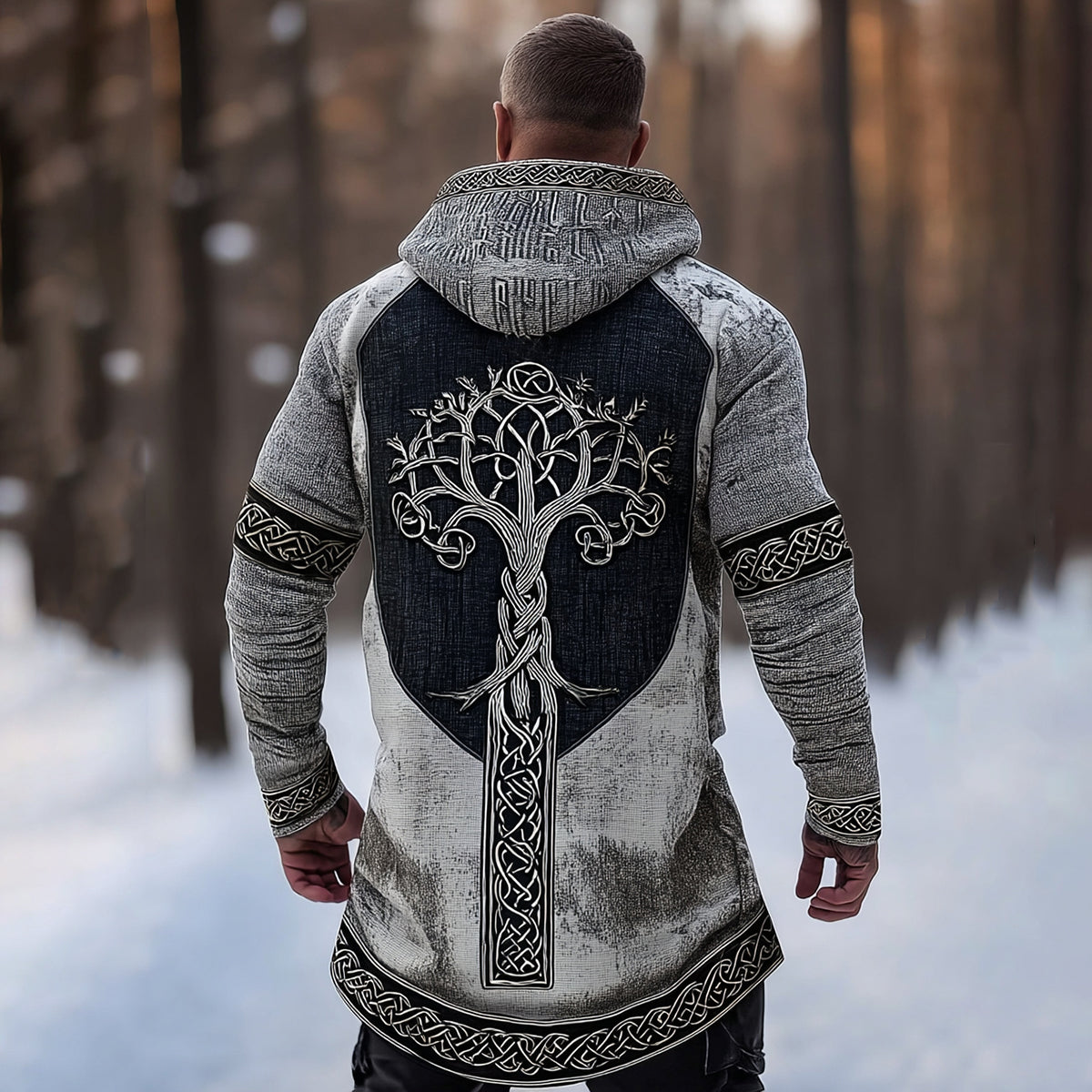 Men's Viking Tribal Jacquard Celtic With Tree Of Life Inspired Chunky Knit Zipped Hooded Sweater artswardrobe
