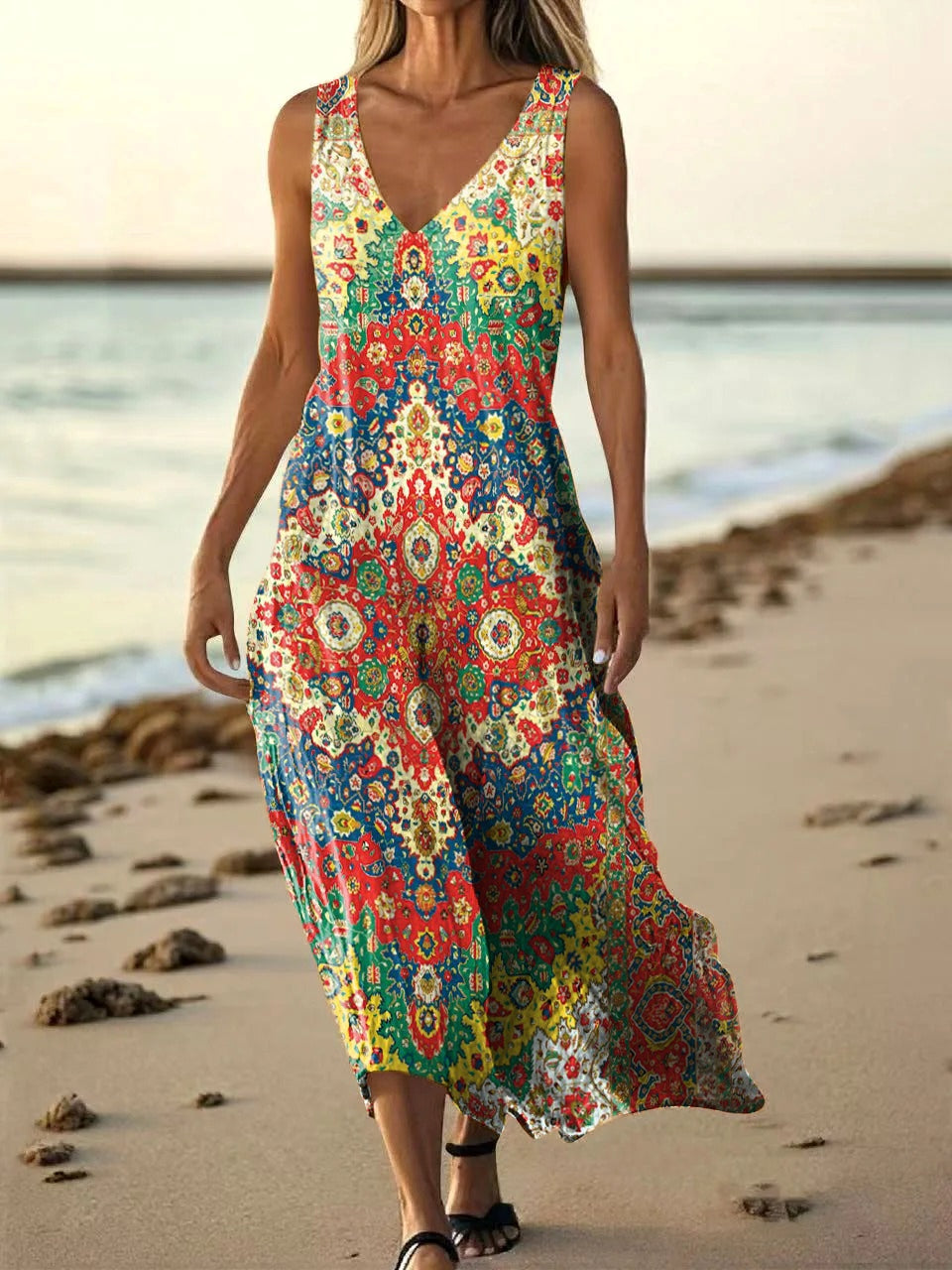 Women's Colorful Ethnic Totem Flower Art Print Pocket V Neck Cotton Dr