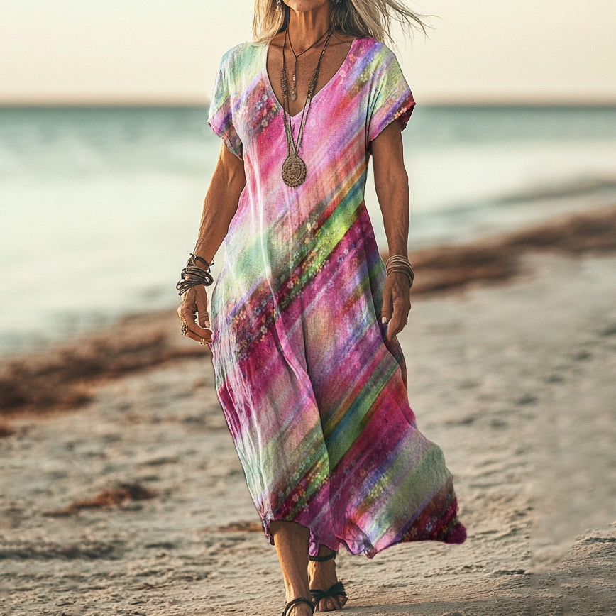 Women's Gradient Color Art Print V Neck Pocket Cotton Dress