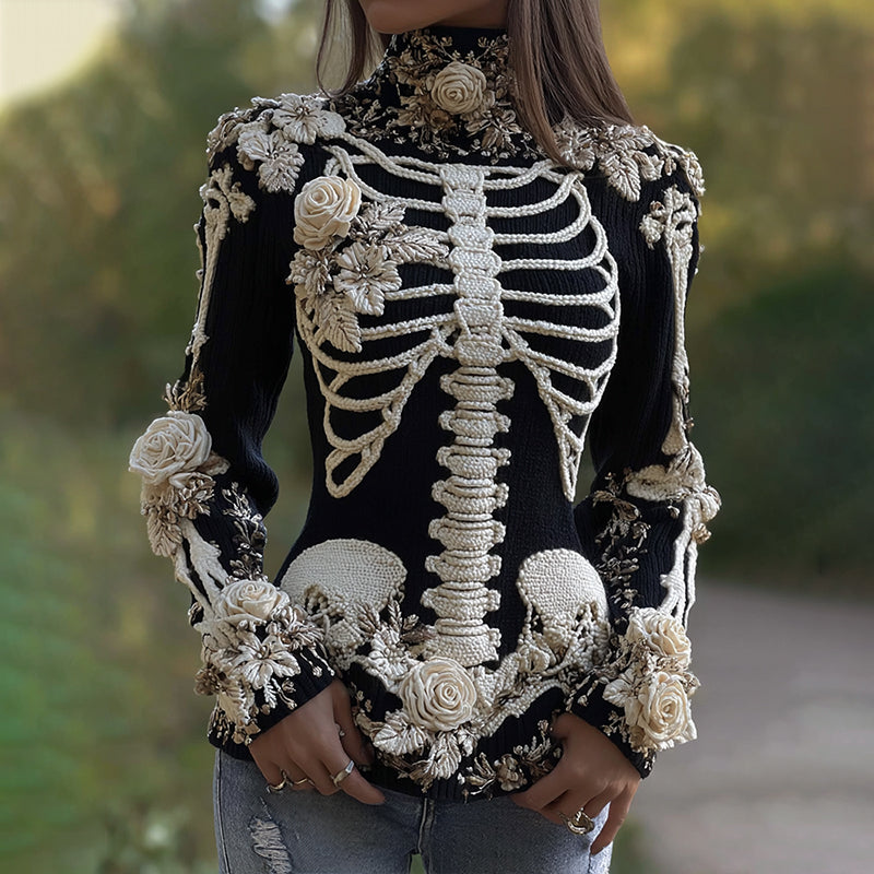 Women's Halloween Skeleton Bones With Roses Art Knitted Warm Turtleneck Sweater artswardrobe
