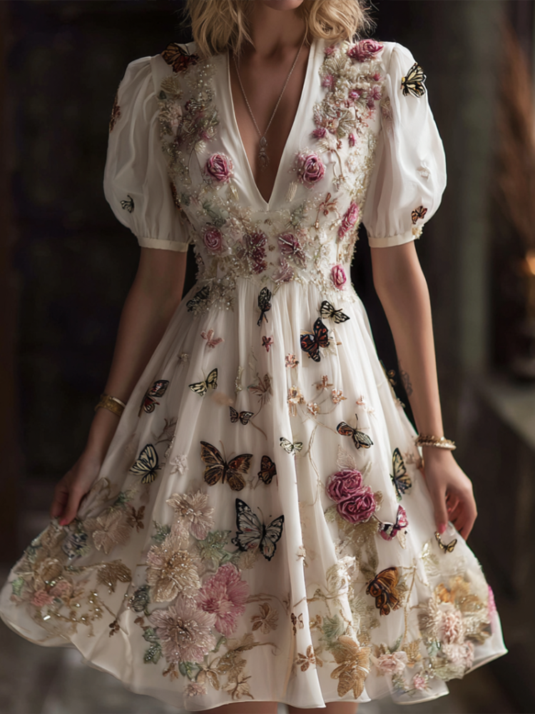 Comstylish Bohemian Style Plant Flower And Butterfly Pattern Embroidery Women's Cotton And Linen Dress