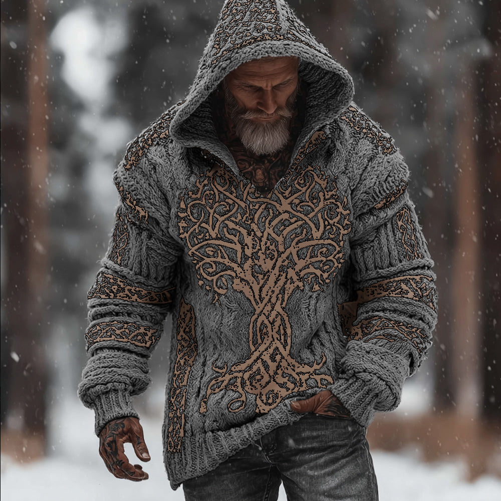 Men's Viking Style Flowering Tree Of Life Warm Thick Needle Hooded Sweater artswardrobe