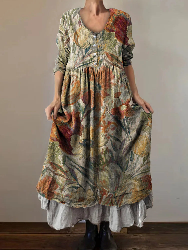 Women's Floral Art Print V-Neck Button Pocket Cotton Dress