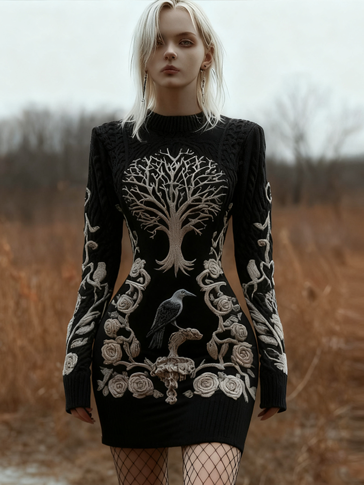 Halloween Women's Night Raven Viking Retro Knit Sweater Dress artswardrobe