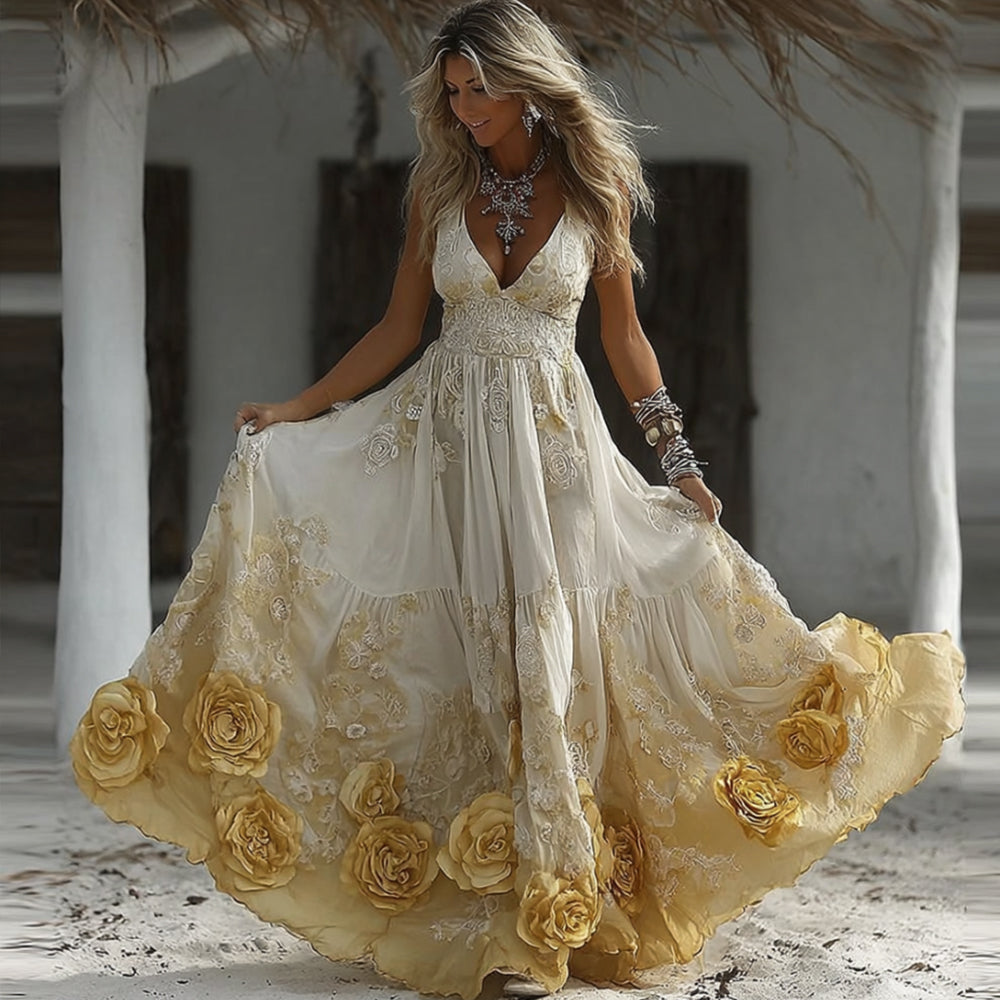 Comstylish Women's Vintage Yellow Rose Camisole Dress